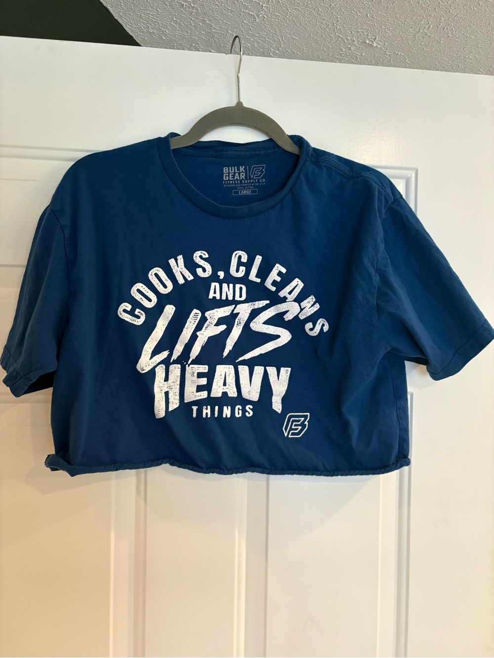 Bulk Gear Blue Cropped Workout Tee - "Cooks, Cleans and Lifts Heavy Things"